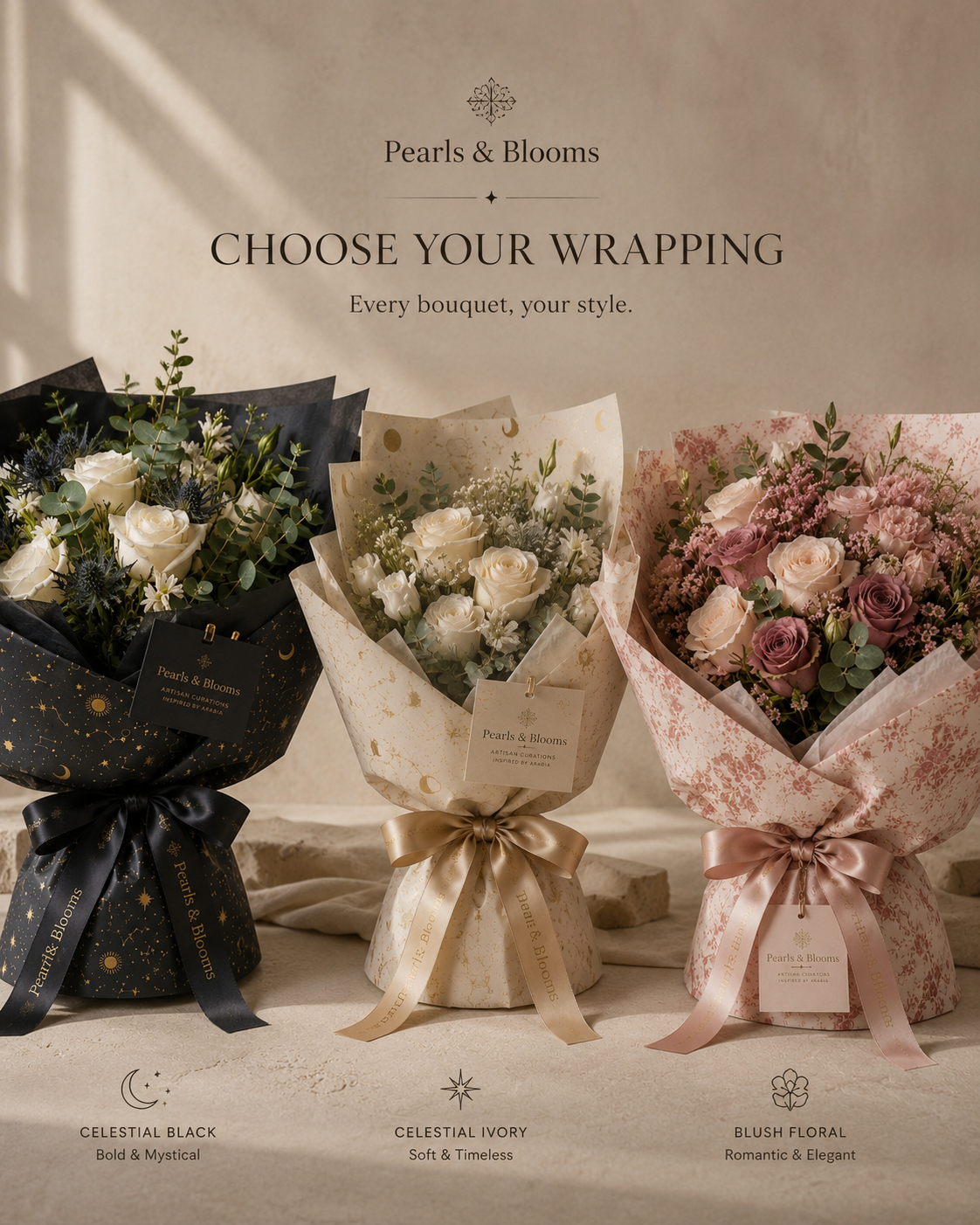 Marawah luxury flower bouquet with ivory, champagne and pearl-inspired blooms by Pearls & Blooms