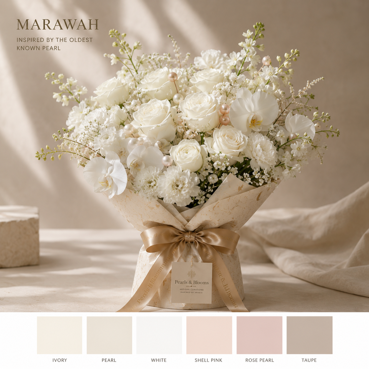 Marawah luxury flower bouquet with ivory, champagne and pearl-inspired blooms by Pearls & Blooms