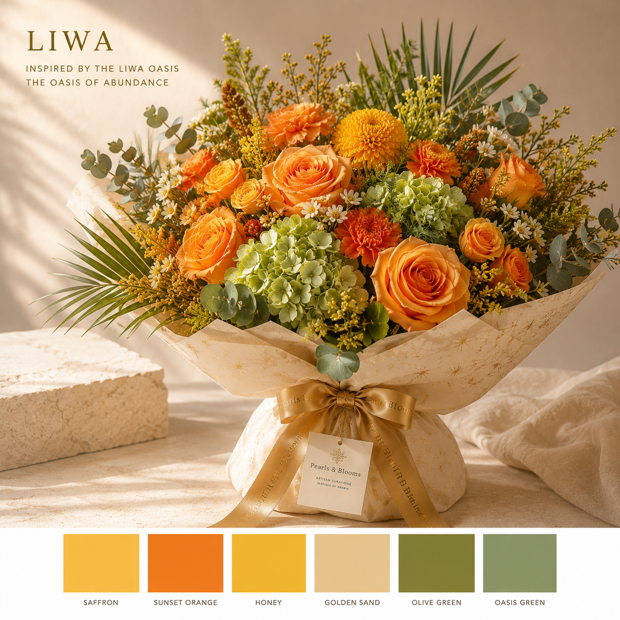 Liwa luxury flower bouquet inspired by the oasis of the Empty Quarter with saffron, orange and lush green seasonal flowers.